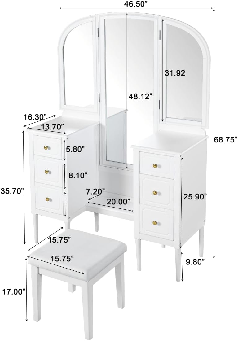 JIJIWANG 68.75H Antique Makeup Vanity Desk with Triple Mirror,6-Drawer Dressing Table Set Including Stool,Full Length Mirror for Bedroom Dressing Room,White