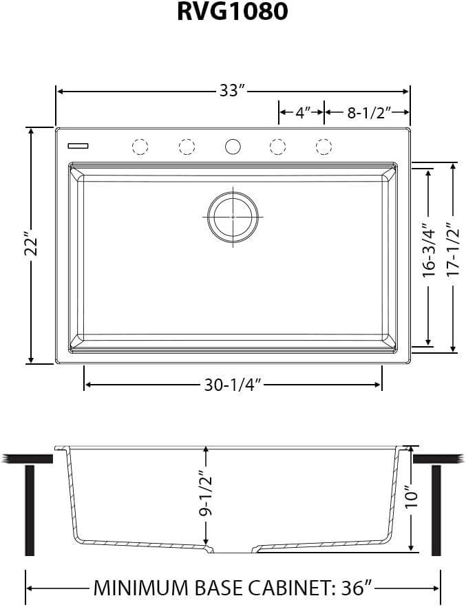 Ruvati 33 x 22 inch epiGranite Drop-in Topmount Granite Composite Quartz Single Bowl Kitchen Sink - Midnight Black - RVG1080BK