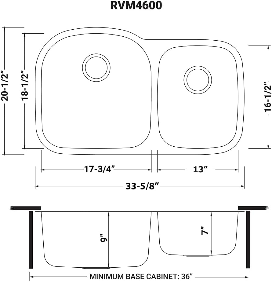 Ruvati 34-Inch Undermount Kitchen Sink – 60/40 Double Bowl Kitchen sink, 16 Gauge T-304 Stainless Steel Kitchen Sinks, Deep Basin Sink, Brushed Finish – RVM4600