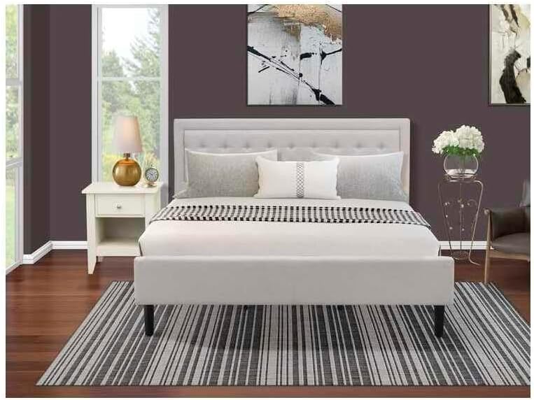 HomeStock Southwestern Sanctuary 2 Piece Platform Bedroom Set with 1 Wood Bed Frame and a Mid Century Modern Nightstand Reliable and Mist Beige Linen Fabric White/King