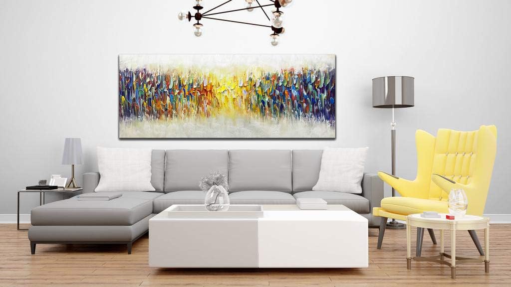 AMEI Art,24x60Inch Large Size Knife Painted Texture Art Yellow White Abstract Canvas Wall Art Colorful Modern Oil Paintings Framed Ready to Hang