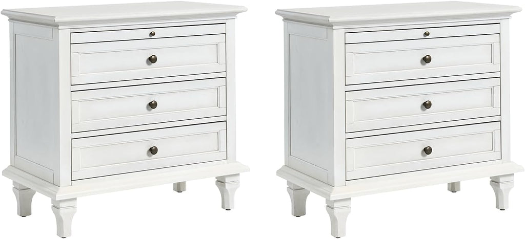 HULALA HOME Farmhouse 3 Drawer End Table with Tray, Drawer Organizer with Solid Wood Legs, End Table with Charging Station（White, Set of 2）