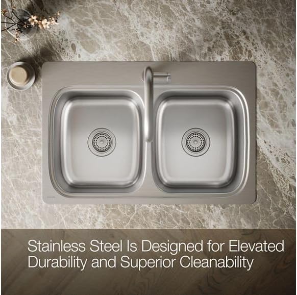 KOHLER 5267-1-NA Verse 33' Kitchen Sink Drop In Top-Mount Double-Bowl, Stainless Steel, 1 Faucet Hole, Durable and Easy-to-Clean Design, 33x22 Drop In Kitchen Sink