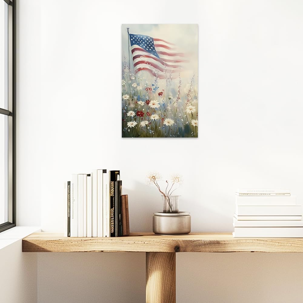 SWQYLB Patriotic Pictures Wall Decor American Flag Landscape Wall Art Floral Print Artwork Wildflower Painting Canvas Farmhouse Bedroom Home Decor Framed (28' x 42')