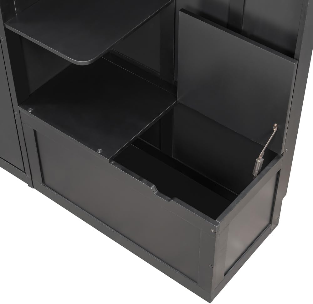 Queen Murphy Bed with Storage Shoe Cabinet,Storage Bench,Hooks & LED Lights,Wood Murphy Wall Bed with Shelves Bookcase and Cabinet, Space-Saving for Small Spaces Office Guest Room (Black,Queen)