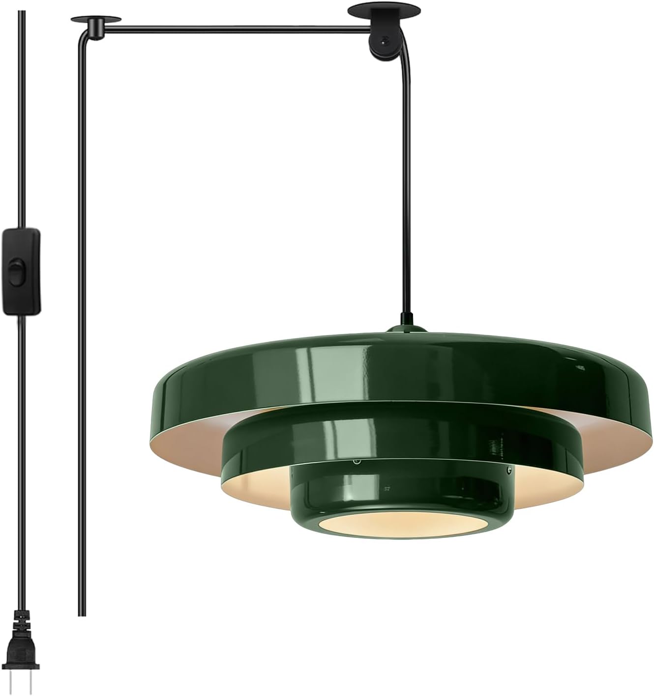 Plug-in Green Pendant Light, Mid Century Hanging Lamp Fixtures with Pulley and Plug in Cord 3-Layer Shade Nordic Style Pendant Lighting Metal Shade for Living Room Dining Room Bedroom Kitchen Island
