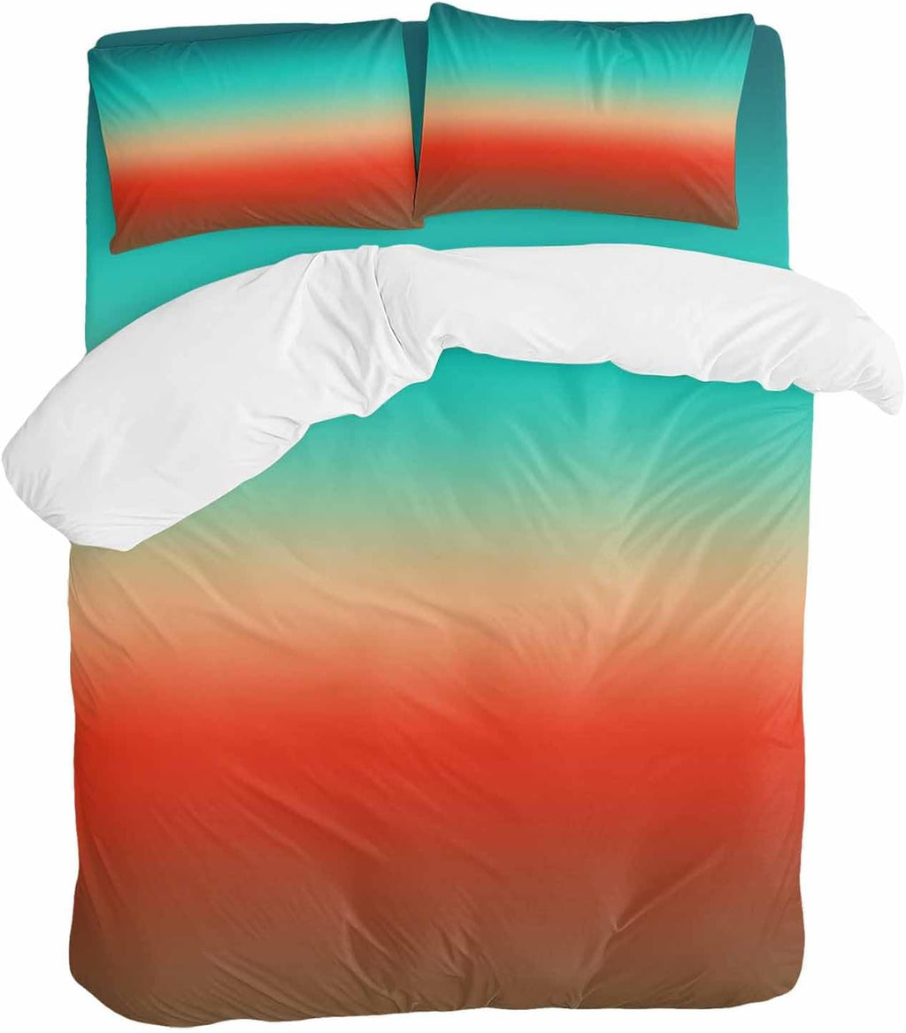 Bohemian Gradient Red Duvet Cover Set Queen Size 4 Pieces Modern Minimalist Green Brown Ocean Beach Bedding Set with Zipper Closure, 1 Comforter Cover 90x92 Inches 1 Flat Sheet & 2 Pillow Cases