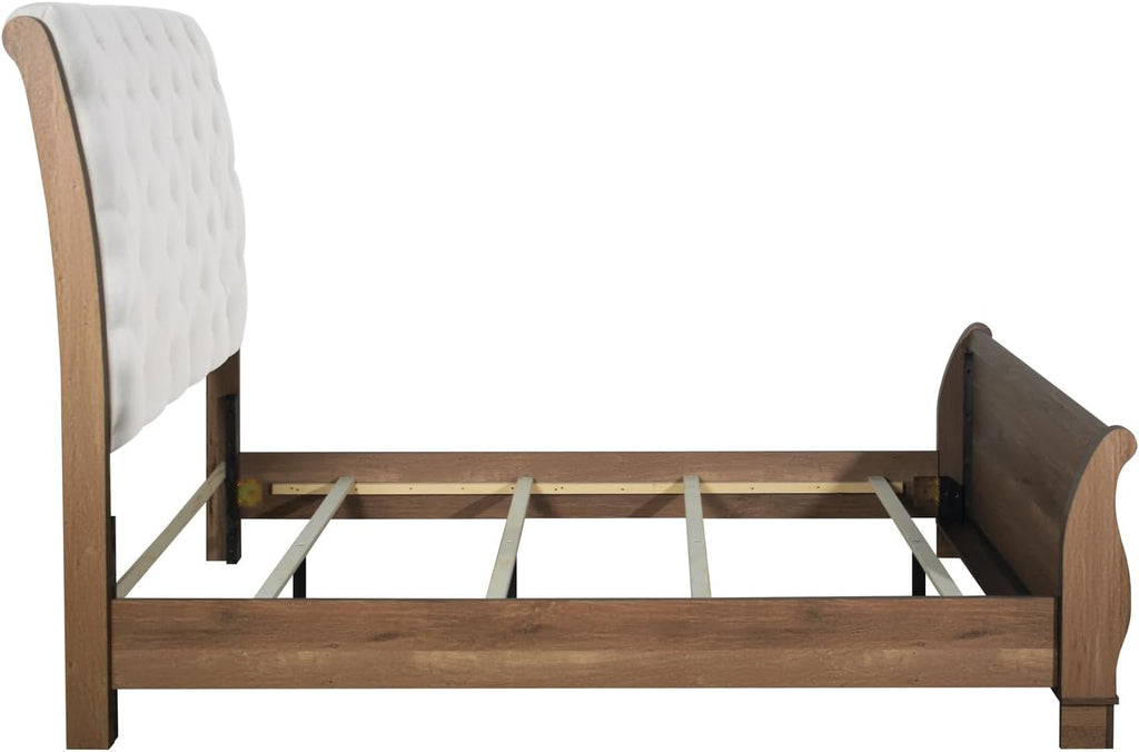 HomeStock Wood Bed Frame with Upholstered Headboard - Pecan Finish - Modern Rustic Bedroom Furniture California King