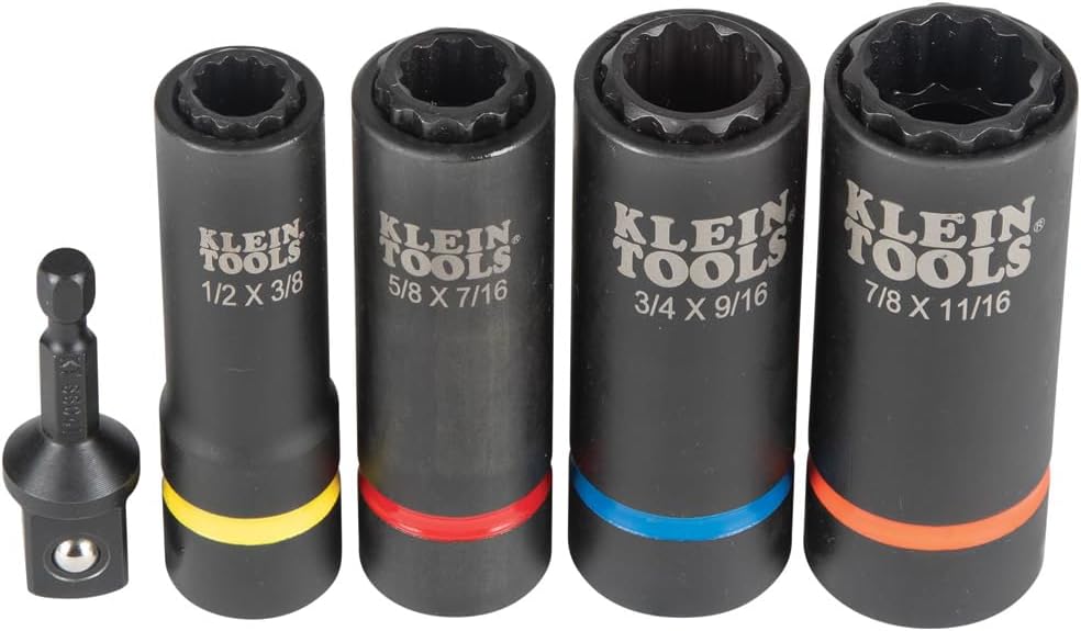 Klein Tools 66040 2-in-1 Impact Socket Set, 5-Piece Tool Set with 12-Point Deep Sockets with 1/2-Inch Drive, Includes Tool Case