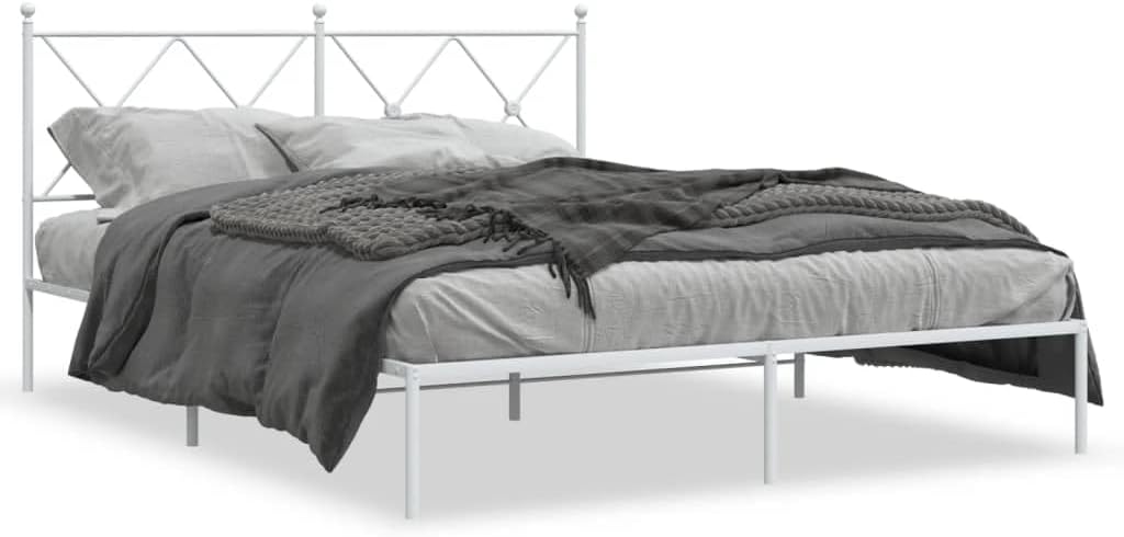 Metal Bed Frame with Headboard Queen Size White Steel Platform Bedframe No Mattress Needed Underbed Storage Space Sturdy Bed Base for Bedroom Furniture