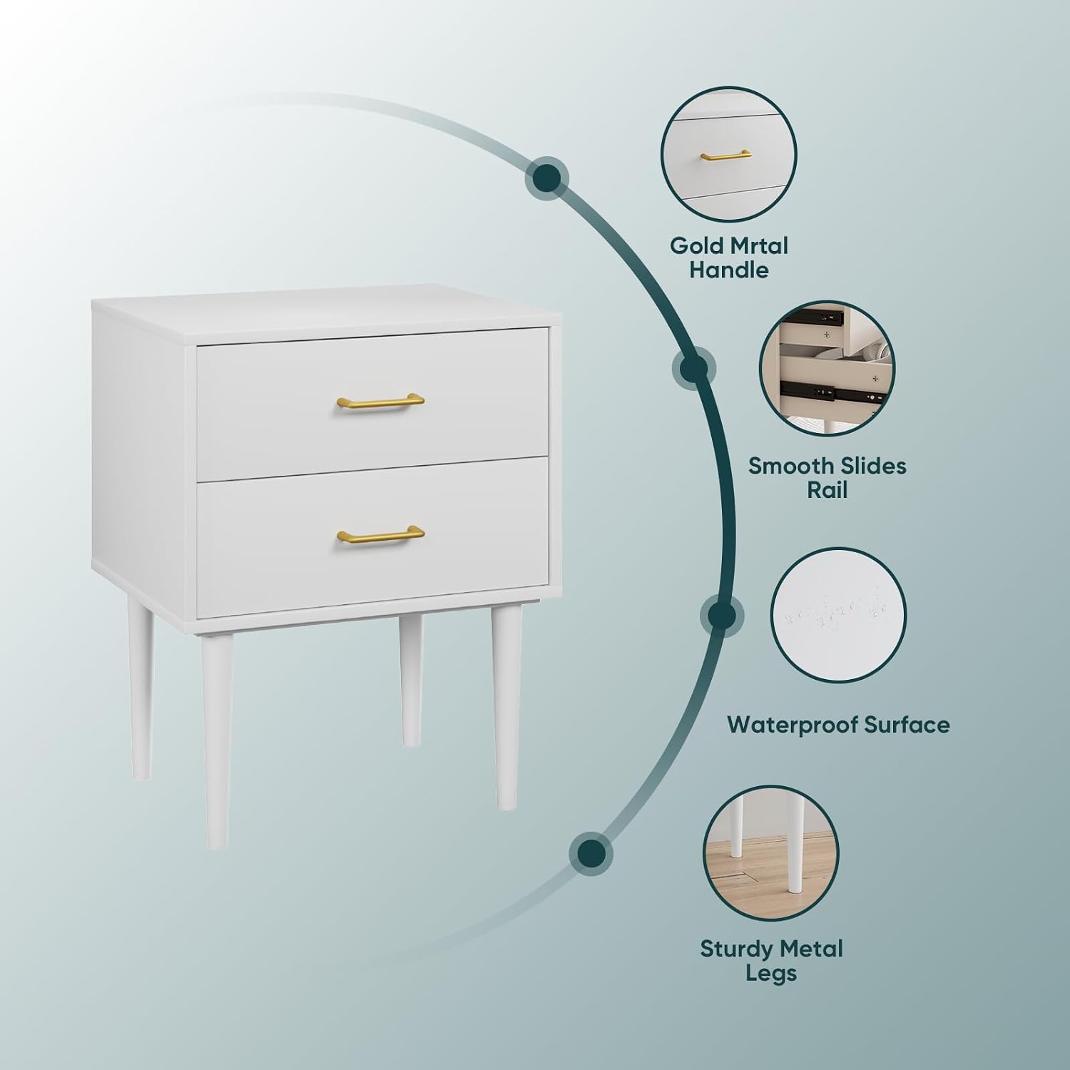 Modern White Bedside Cabinet with Metal Handles | 2-Drawer Nightstand Set of 2, Solid Wood Legs & Metal Slides for Bedroom Living Room