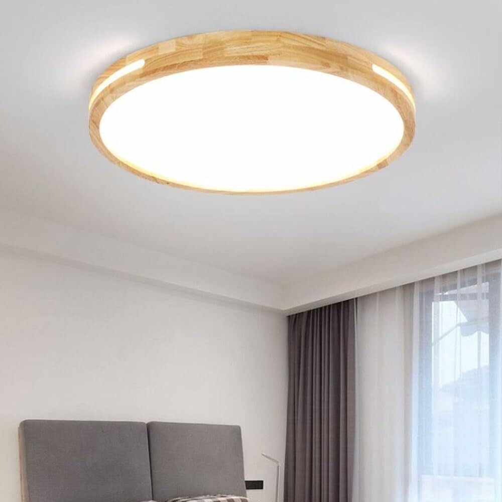 Nordic Wooden LED Ceiling Lamp Round Japanese Style Lighting Ceiling Light Three-Tone Light Flat Ceiling Light Fixture for Living Room Bedroom Dining Room Kitchen Study Room Corridor(30cm)