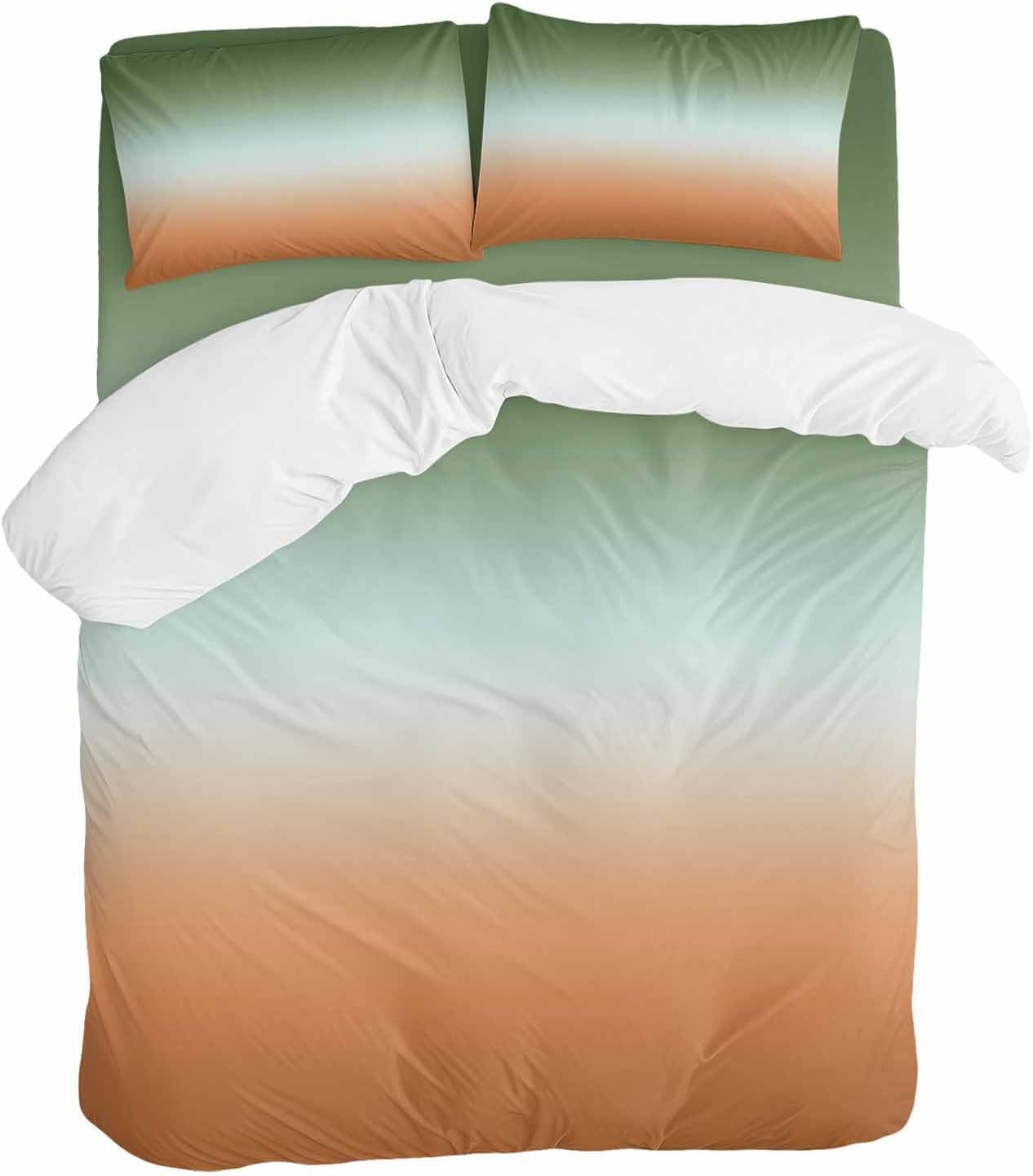 Gradient Sage Green Duvet Cover Set Queen Size 4 Pieces Modern Minimalist Green Orange Ocean Beach Bedding Set with Zipper Closure, 1 Comforter Cover 92x106 Inches 1 Flat Sheet & 2 Pillow Cases