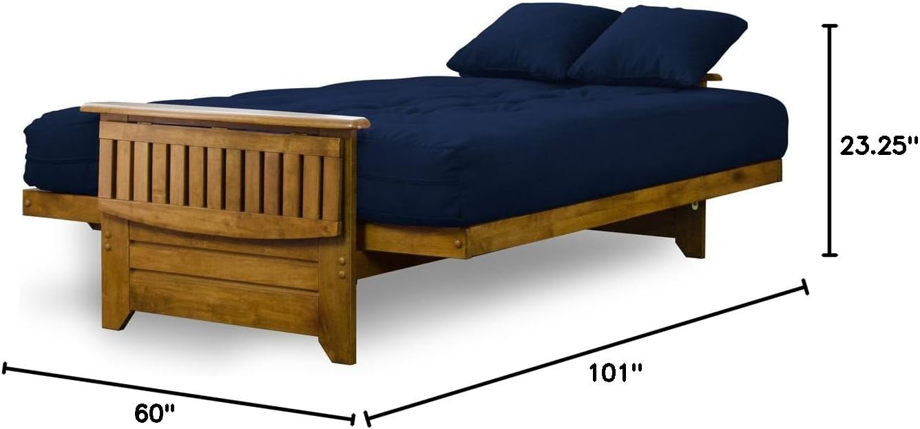 Nirvana Futons Brentwood Tray Arm Futon Frame, Drawers, and Navy Blue Mattress Set - Queen, Rich Heritage Finish