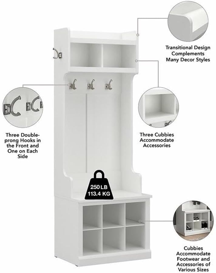 Bush Furniture Woodland Full Entryway Storage Set with Coat Rack and Shoe Bench with Doors | Mudroom Organizer for Footwear, Clothing, White Ash