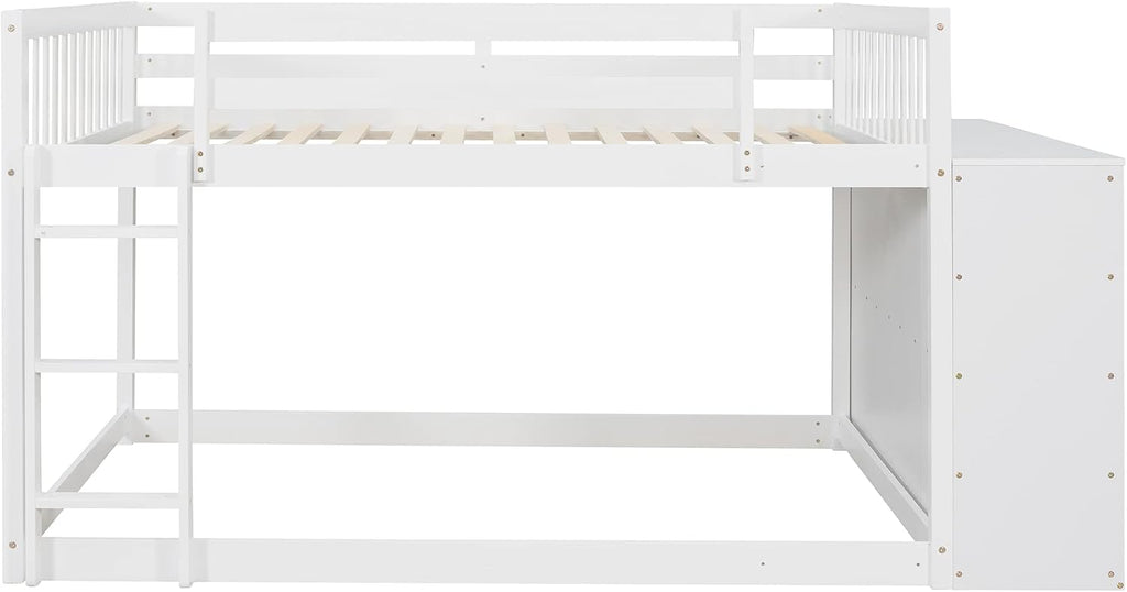 Full-Over-Full Size Bunk Bed, Bedroom Furniture Pine Wood Bed Frame with Storage Drawers and Open Shelves, Drawers and Shelves Set Can Be Moved, for Kids & Teens (White)