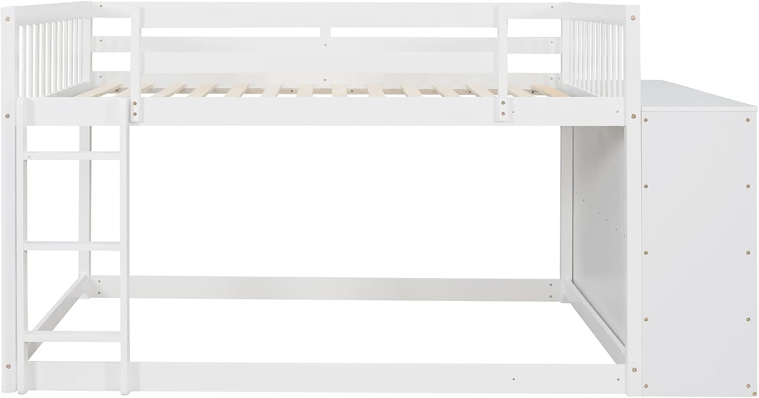 Full-Over-Full Size Bunk Bed, Bedroom Furniture Pine Wood Bed Frame with Storage Drawers and Open Shelves, Drawers and Shelves Set Can Be Moved, for Kids & Teens (White)