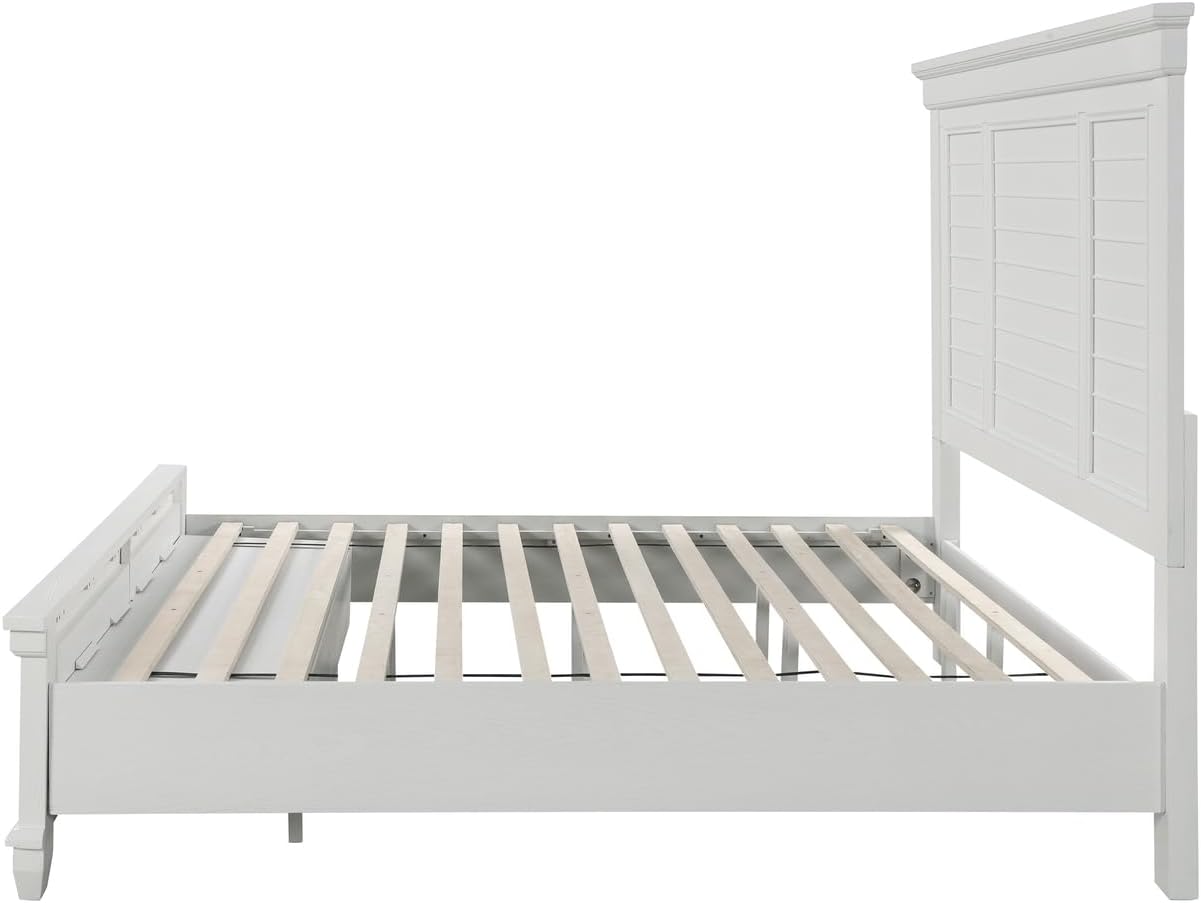HomeStock Wood Panel Bed with Footboard Storage - Modern Bed Frame for Bedroom White/Queen