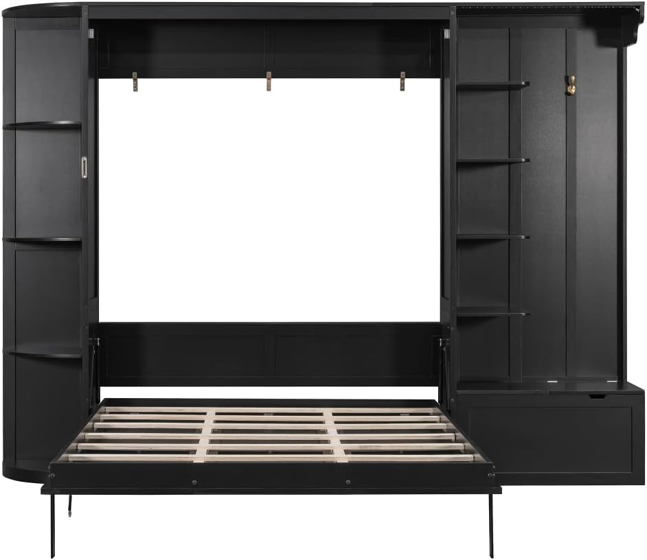 Queen Murphy Bed with Storage Shoe Cabinet,Storage Bench,Hooks & LED Lights,Wood Murphy Wall Bed with Shelves Bookcase and Cabinet, Space-Saving for Small Spaces Office Guest Room (Black,Queen)