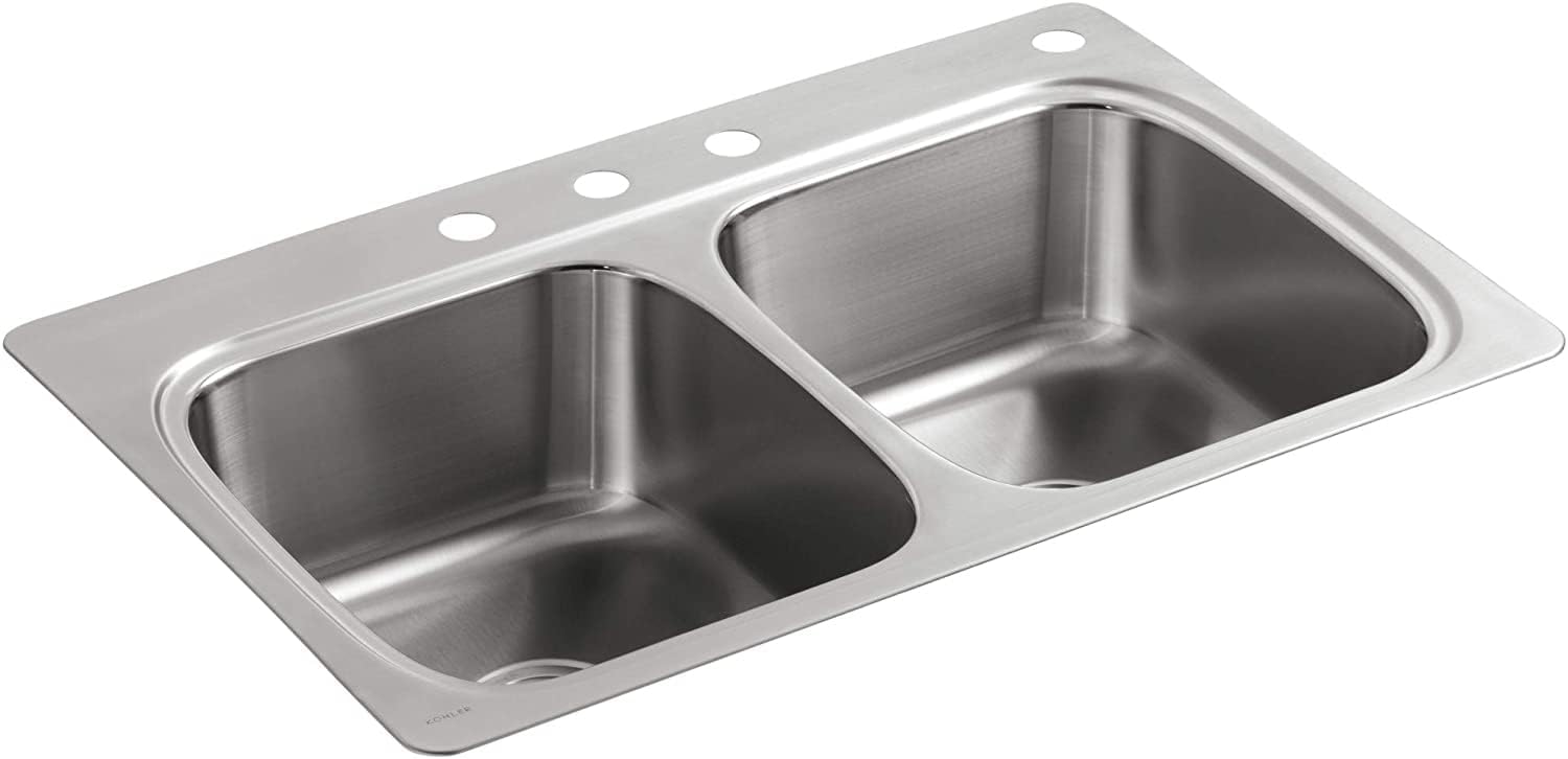 KOHLER Verse 33' Top-Mount Double-Bowl Kitchen Sink, Stainless Steel, 4 Faucet Holes, Durable and Easy-to-Clean Design, K-5267-4-NA