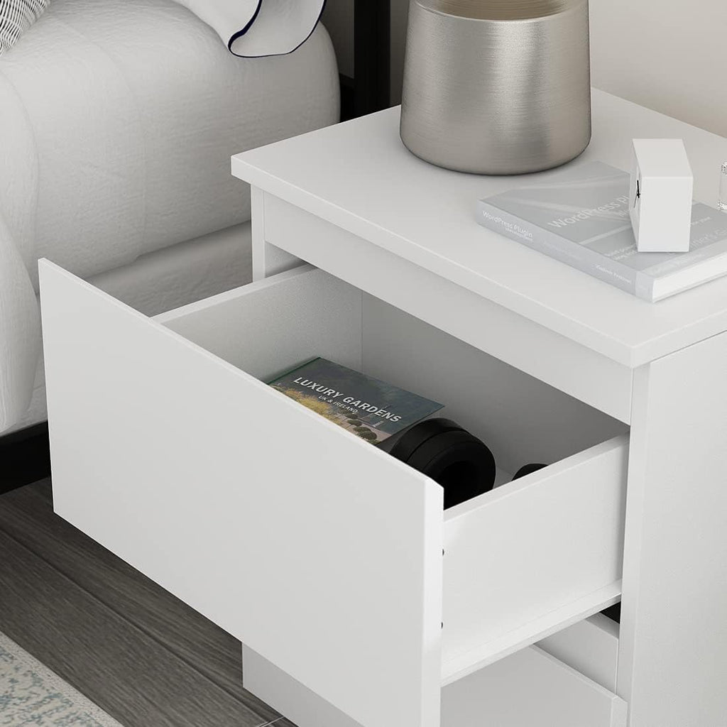 AIEGLE White Nightstand with 2 Drawers, Small Wood Storage Bed Side Table End Table Set of 2, Handle Free Storage for Bedroom Living Room Office (15.7' W x 11.6' D x 18.9' H)