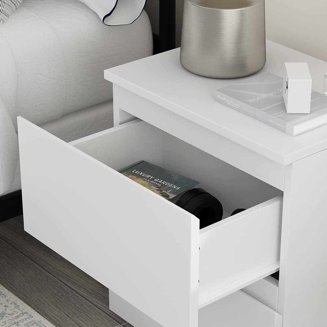 AIEGLE White Nightstand with 2 Drawers, Small Wood Storage Bed Side Table End Table Set of 2, Handle Free Storage for Bedroom Living Room Office (15.7' W x 11.6' D x 18.9' H)