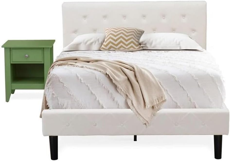 HomeStock Rustic Recluse 2 Piece Bedroom Set - Size Button Tufted Bed - Velvet Upholstered Headboard and A Nightstand Full/Clover Green/White
