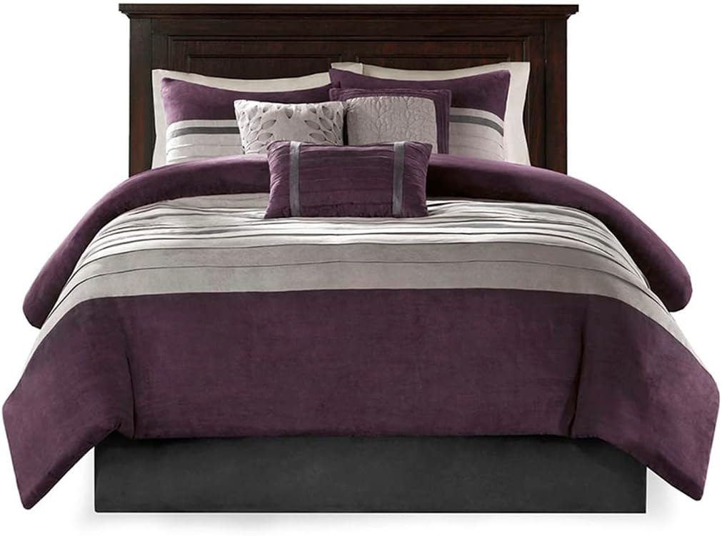 Madison Park Palmer Comforter Set - Faux Suede Design, Striped Accent, All Season Down Alternative Bedding, Matching Shams, Decorative Pillow, Bed Skirt, King (104 in x 92 in), Purple 7 Piece