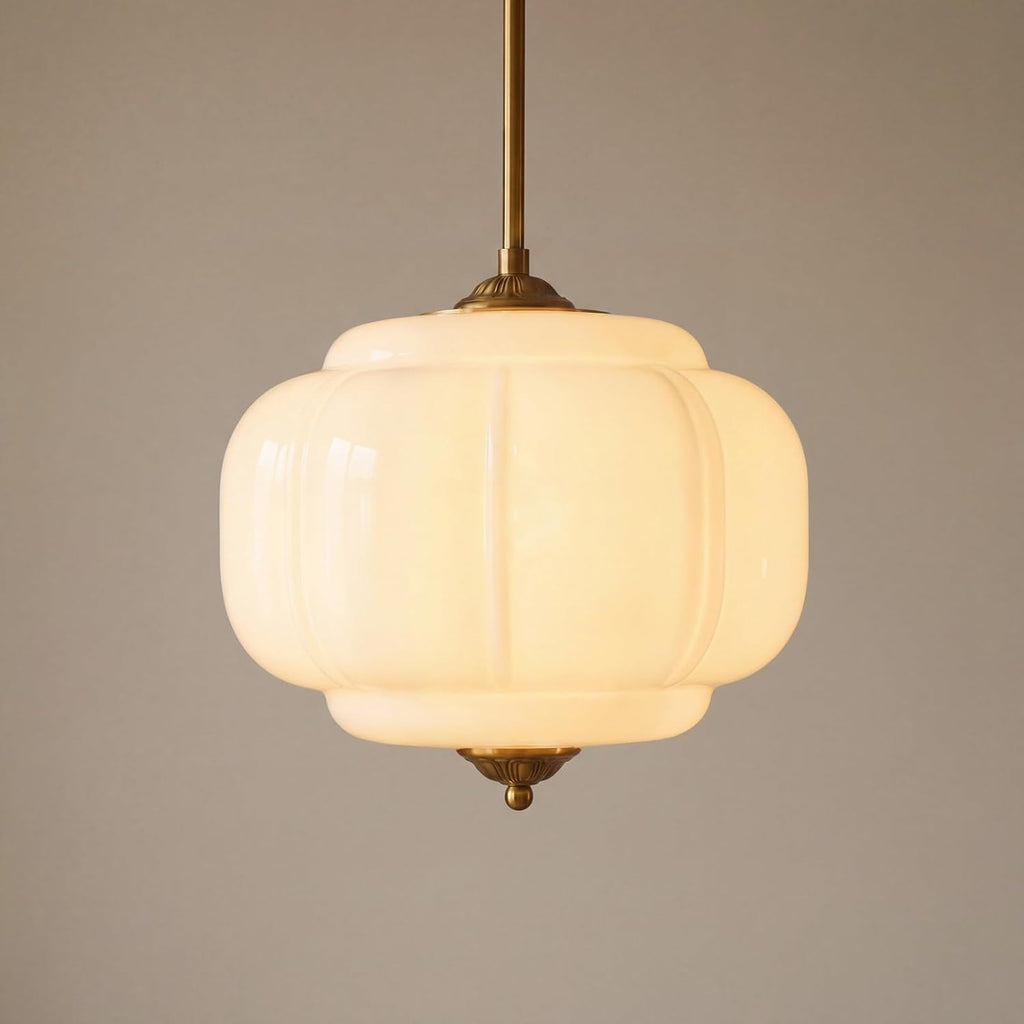 Milk Glass Ceiling Light Fixture - Antique Brass Semi Flush Mount Pendant Light for Kitchen, Hallway, and Bedroom 15 inch (White 15 inch)