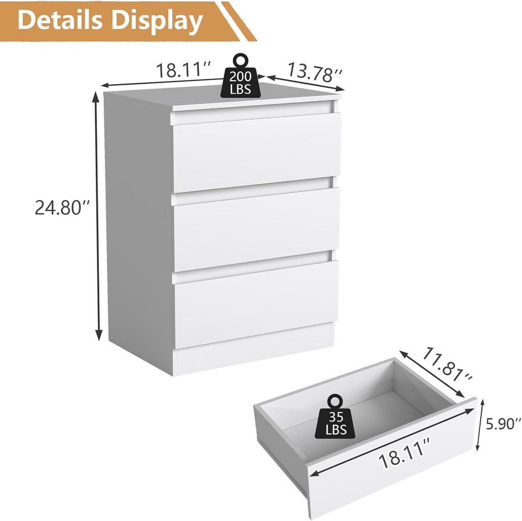White Nightstand with 3 Drawers Set of 2,Modern Tall Bedside Table with Storage for Bedroom,End Side Table with No-Handle Design for Living Room