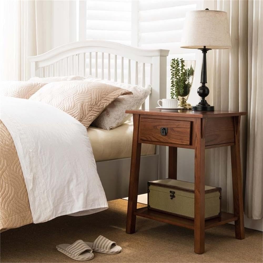 BOWERY HILL 1 Drawer Nightstand, 28' H x 22' W x 16' D, Solid Ash Wood, Russet Finish, Lower Display Shelf, Full Extension Drawer Guides, Compact Mission Style Bedroom Furniture