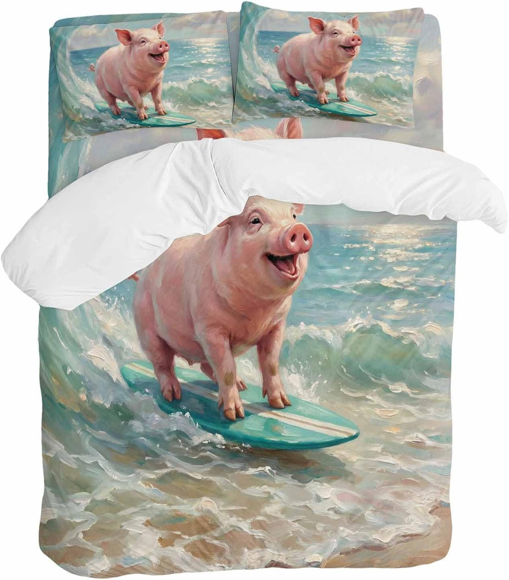 Summer Ocean Duvet Cover Set Queen Size 4 Pieces Watercolor Funny Pig Teal Surfboard Coastal Wave Bedding Set with Zipper Closure, 1 Comforter Cover 92x106 Inches 1 Flat Sheet & 2 Pillow Cases