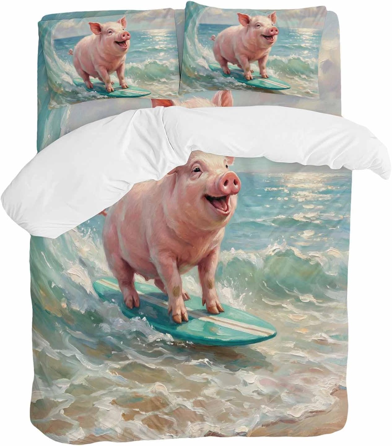 Summer Ocean Duvet Cover Set Queen Size 4 Pieces Watercolor Funny Pig Teal Surfboard Coastal Wave Bedding Set with Zipper Closure, 1 Comforter Cover 92x106 Inches 1 Flat Sheet & 2 Pillow Cases