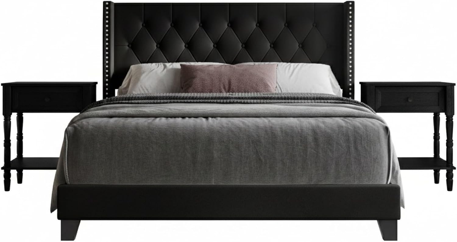 HOME DESIGN Homer Twin Tufted Wingback Upholstered Panel Bed with 2 Matching 1 Drawer Nightstands, Bedroom Furniture Set with Open Shelf Storage, Black Black