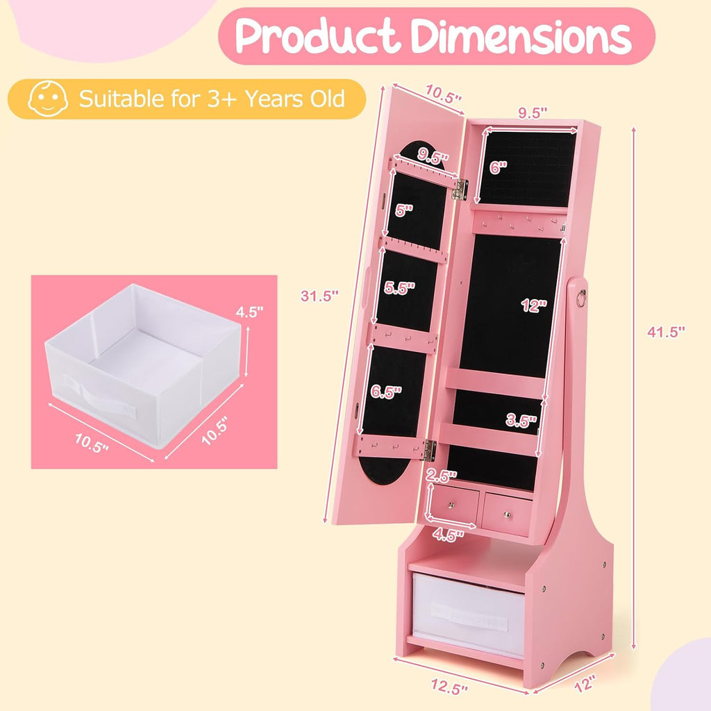 Costzon Kids Vanity & Jewelry Armoire Cabinet, Kids Vanity Table and Chair Set, Makeup Dressing Table, Standing Jewelry Organizer with Full-Length Mirror, Kids Bedroom Furniture Set for Girls (Pink)