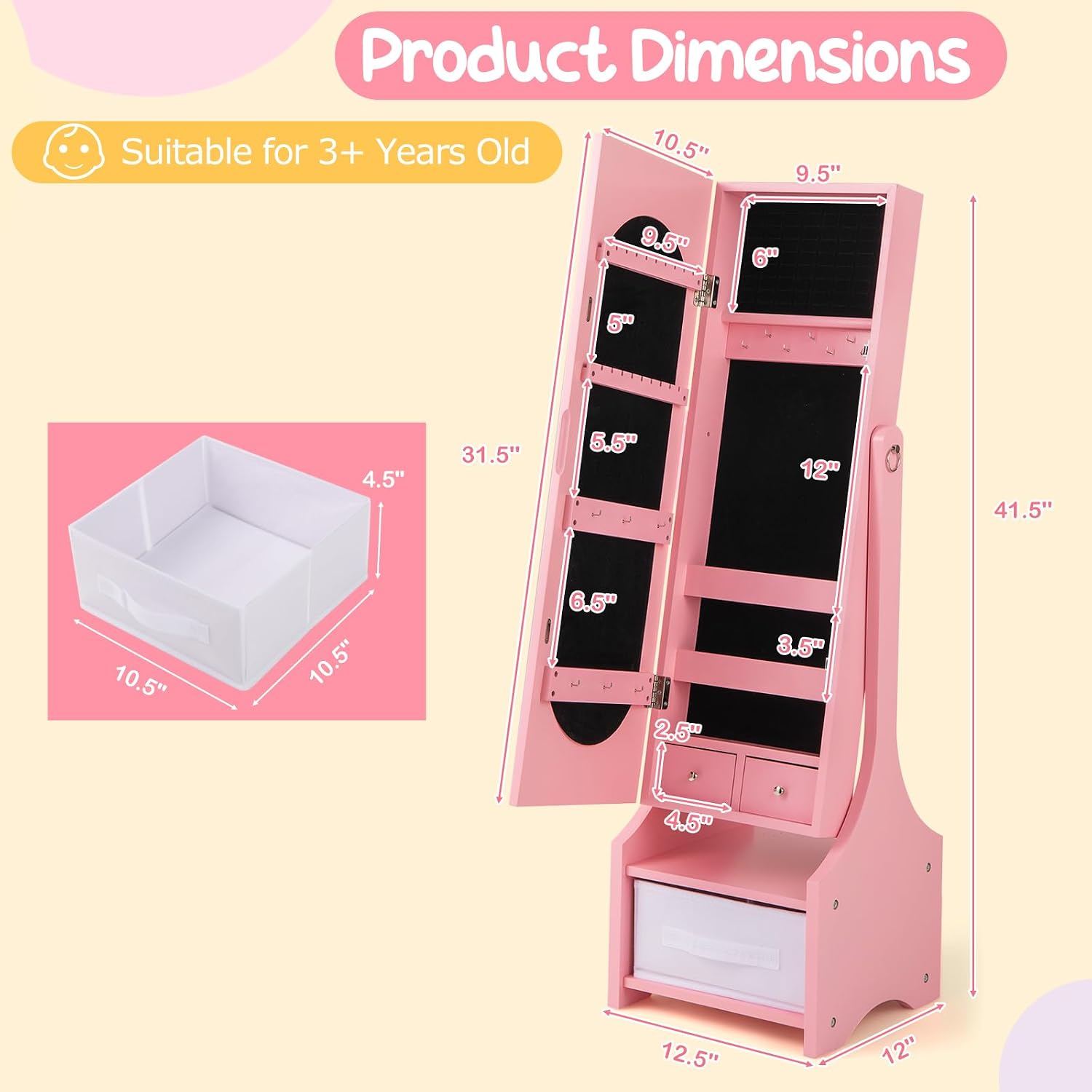 Costzon Kids Vanity & Jewelry Armoire Cabinet, Kids Vanity Table and Chair Set, Makeup Dressing Table, Standing Jewelry Organizer with Full-Length Mirror, Kids Bedroom Furniture Set for Girls (Pink)