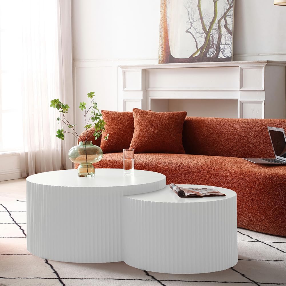 Round Nesting Coffee Table, Modern Wood Coffee Table Unique Shaped Set of 2 for Small Space, Living Room - White
