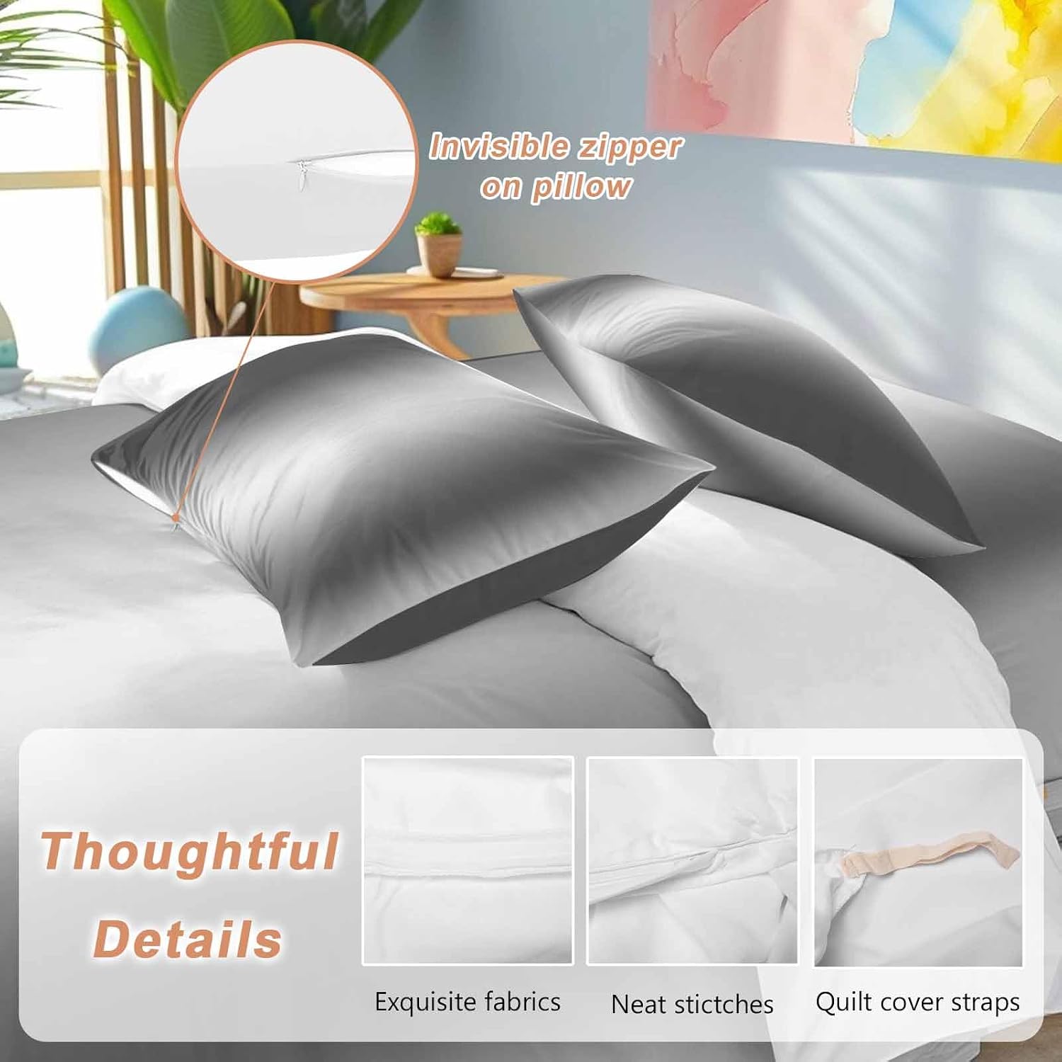 Gradient Gray Black Duvet Cover Set Queen Size 4 Pieces Modern Abstract Minimalist Grey Ocean Beach Bedding Set with Zipper Closure, 1 Comforter Cover 86x86 Inches 1 Flat Sheet & 2 Pillow Cases