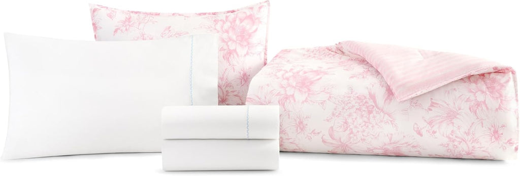 Laura Ashley - Twin/Twin XL Bedding Bundle, Reversible Comforter with Matching Pillowcases & Cotton Percale Sheet Set, Floral Bedding with a Crisp & Cool Feel (Pink)