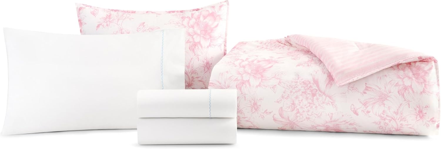 Laura Ashley - Twin/Twin XL Bedding Bundle, Reversible Comforter with Matching Pillowcases & Cotton Percale Sheet Set, Floral Bedding with a Crisp & Cool Feel (Pink)