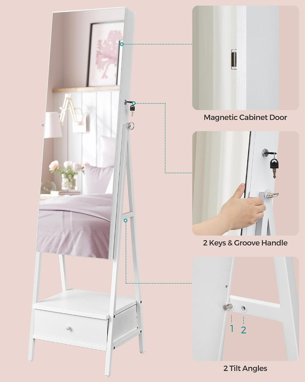 SONGMICS LED Mirror Jewelry Cabinet Standing, Lockable Jewelry Armoire with Full-Length Mirror, Space-Saving Jewelry Organizer with Mirror, Drawer and Shelf, Gift Idea, Cloud White UJJC025W01