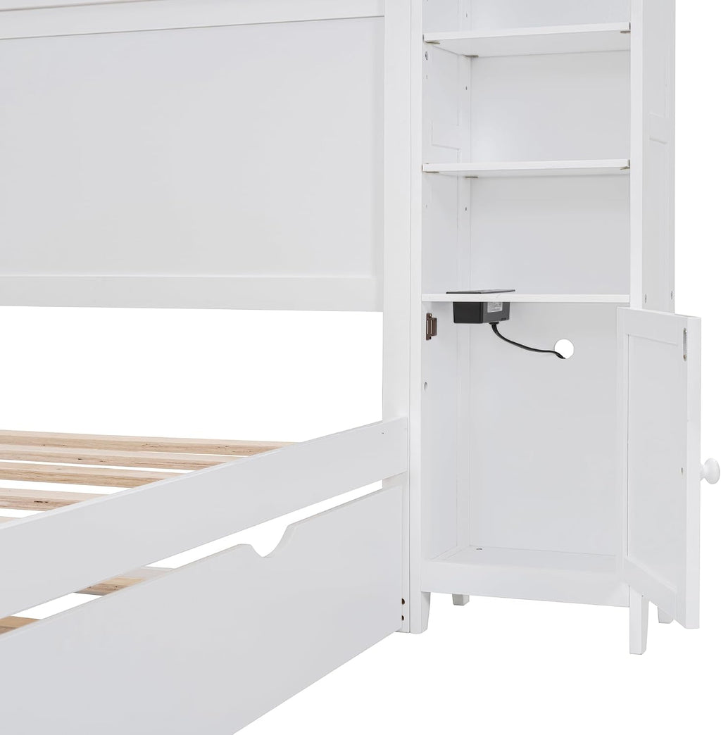 Merax Full Size Wooden Bed with All-in-One Cabinet, White Platform Bed Frame with 2 Drawers, Trundle and Sockets