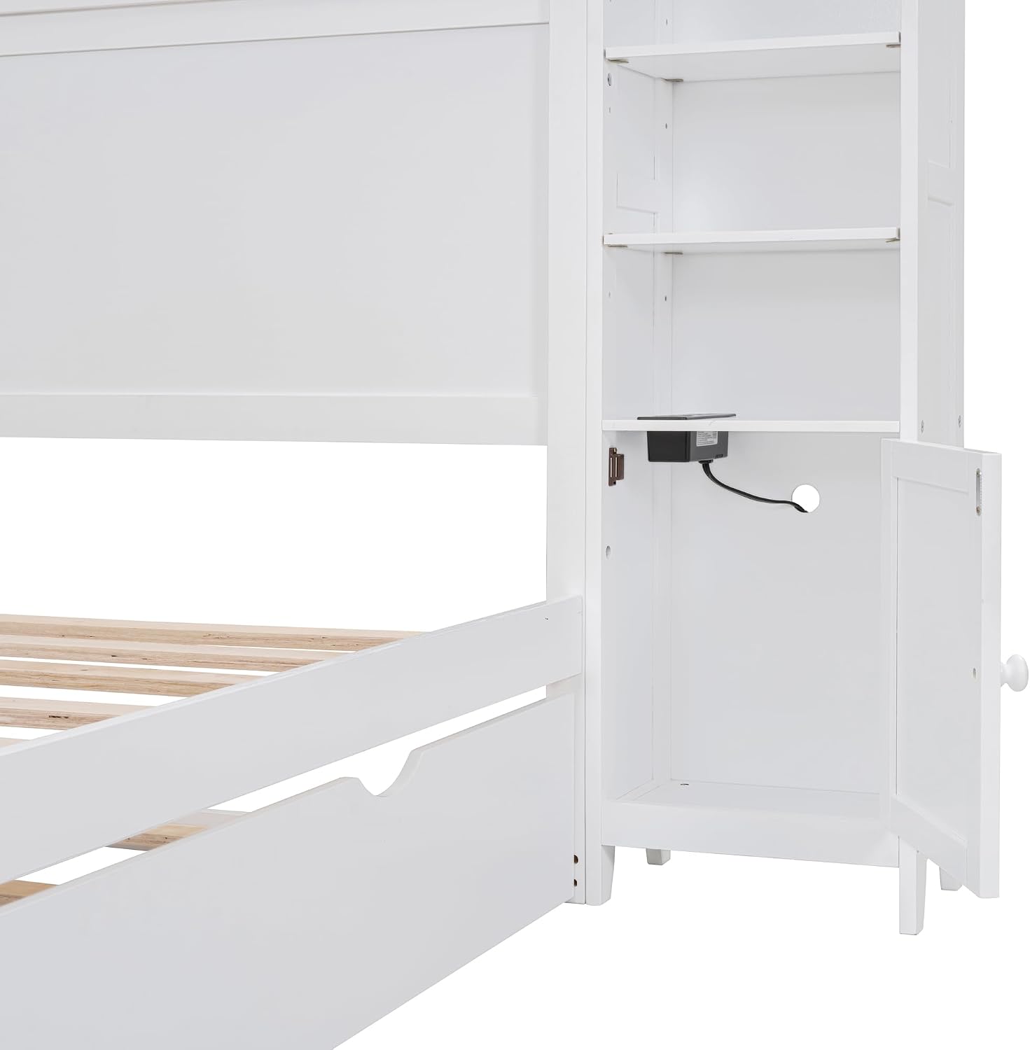 Merax Full Size Wooden Bed with All-in-One Cabinet, White Platform Bed Frame with 2 Drawers, Trundle and Sockets