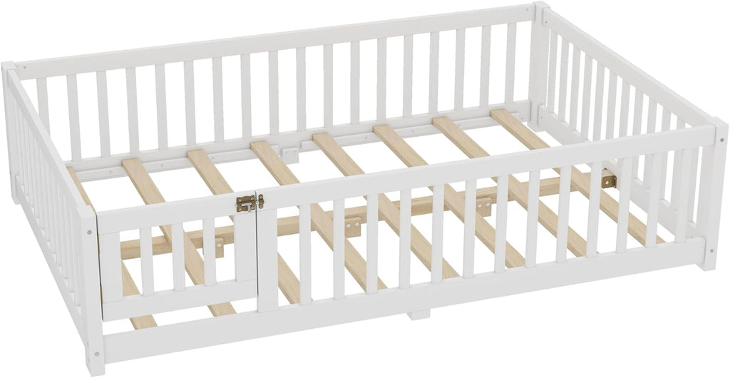 Bellemave Full Size Floor Bed Frame with Fence and Door for Kids, Montessori Floor Bed with Slats and Safety Guardrails,Solid Wood Full Bed Frame for Girls Boys,White
