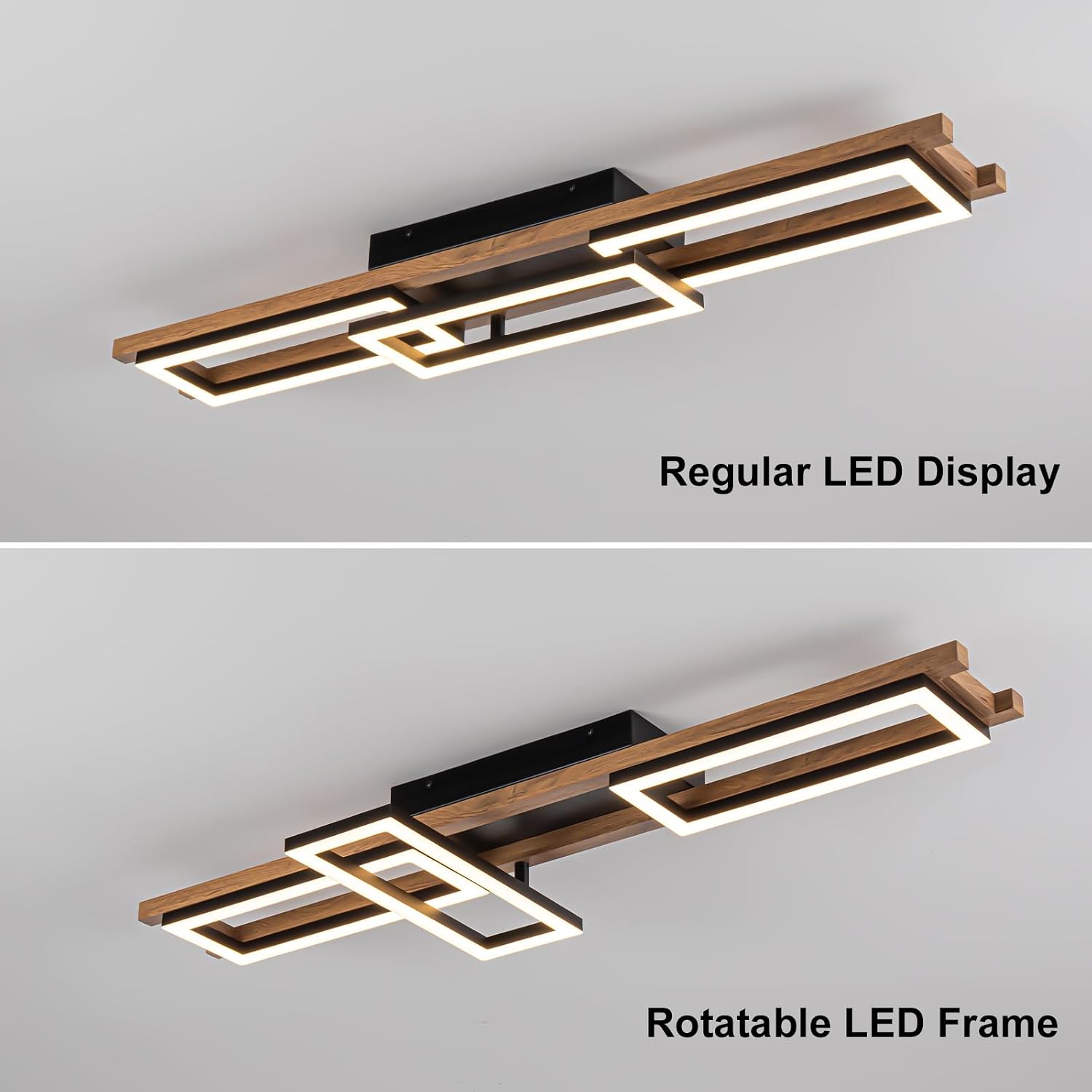 Lingkai 39.3' LED Modern Ceiling Lights Wooden Square Rectangular Lamp Fixture Wood, Modern Kitchen Ceiling Lighting Fixtures 3000K for Island Bedroom Living Room Hallways