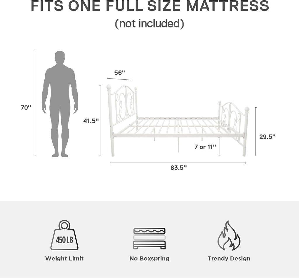 DHP Bombay Metal Platform Bed with Parisian Style Headboard and Footboard, Adjustable Base Height for Underbed Storage, No Box Spring Needed, Full, White