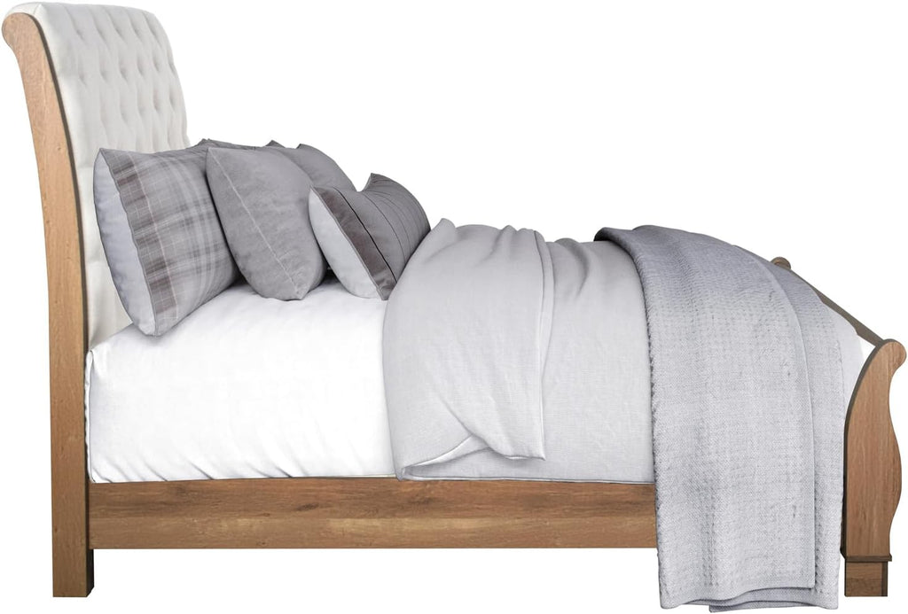 HomeStock Wood Bed Frame with Upholstered Headboard - Pecan Finish - Modern Rustic Bedroom Furniture California King