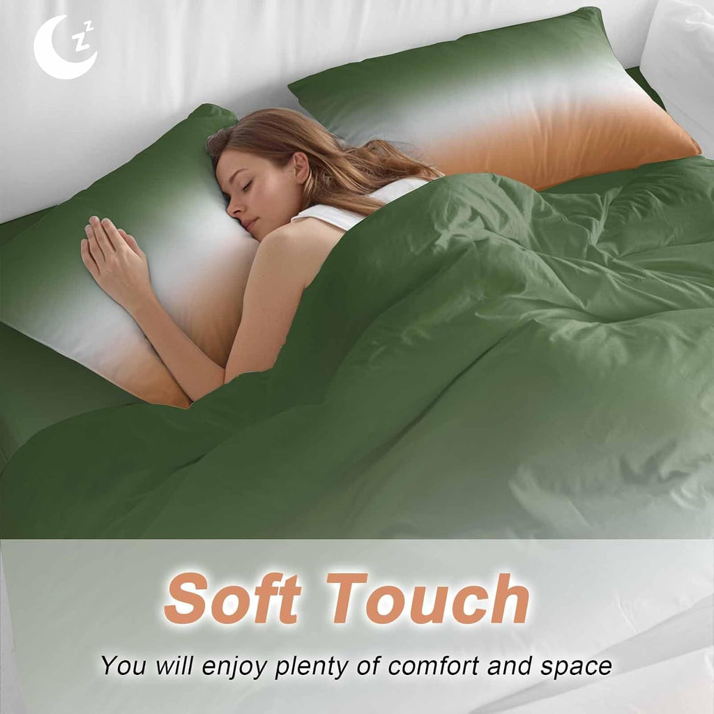 Bohemian Gradient Sage Green Duvet Cover Set Queen Size 4 Pieces Modern Minimalist Green Orange Ocean Beach Bedding Set with Zipper Closure,1 Comforter Cover 92x106 Inches 1 Flat Sheet&2 Pillow Cases