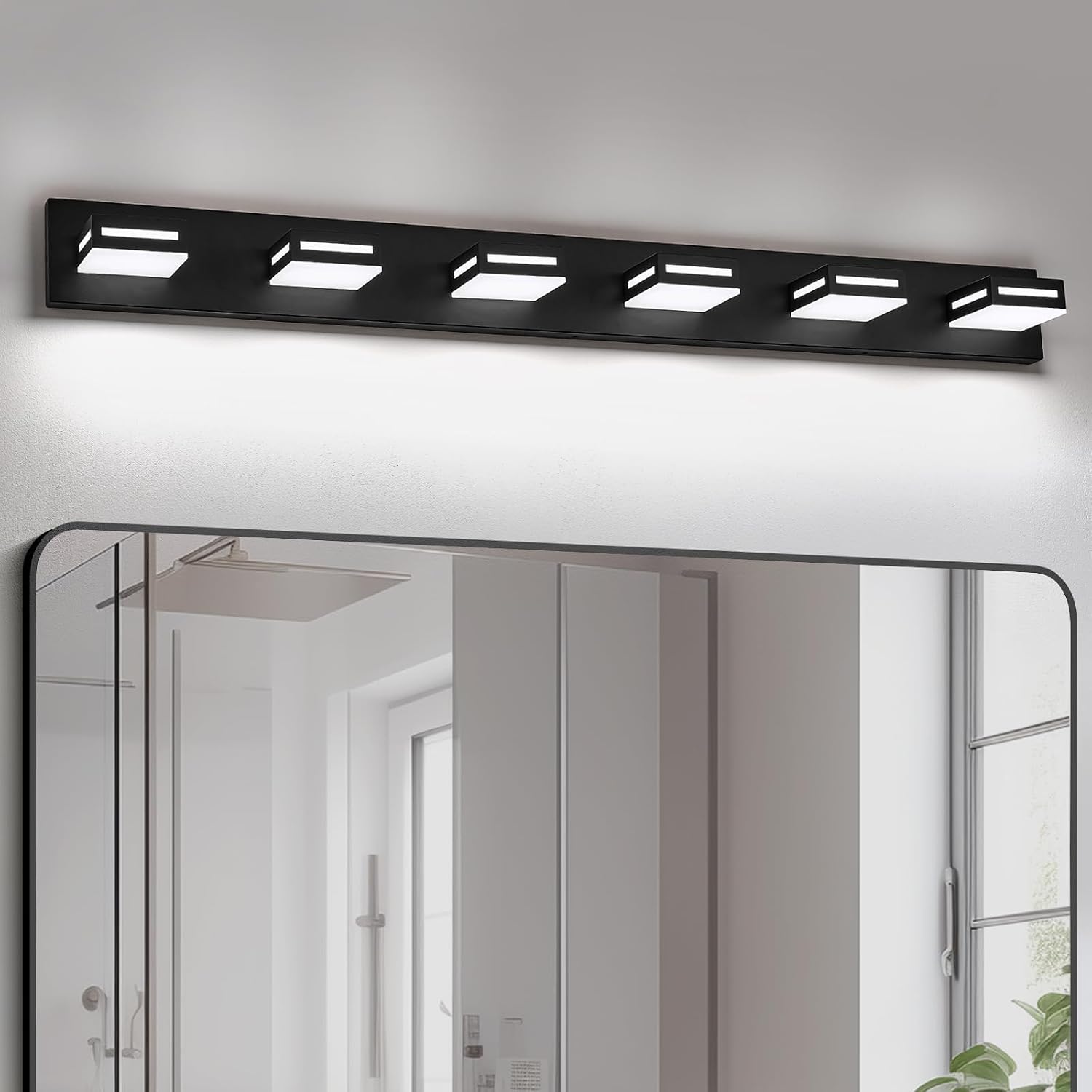 LED Modern Bathroom Light Fixtures, 6-Light 48-Inch Matte Black Vanity Lights for Bathroom Lighting Fixtures Over Mirror, 6000K Cool White 350° Rotatable Wall Lamp