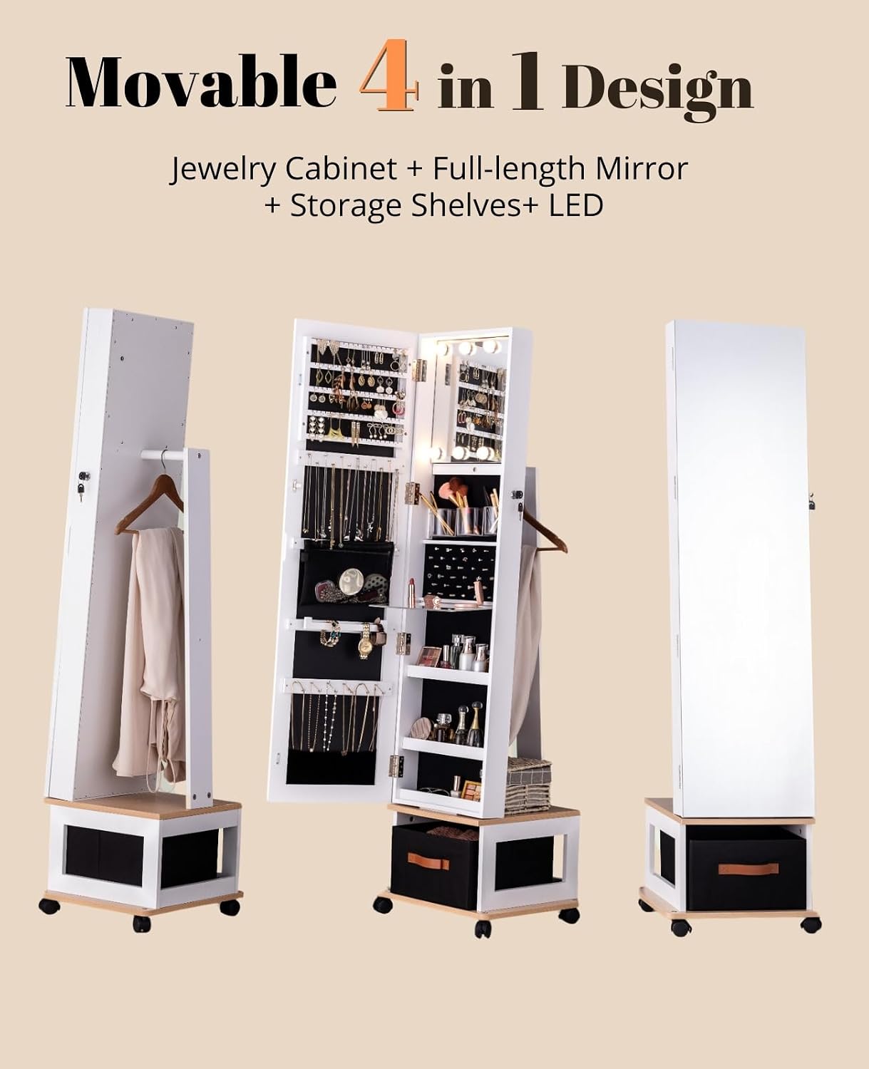 BTEXPERT 360 Swivel Jewelry Cabinet Armoire, Standing with Lights, Lockable Jewelry Organizer, 63' Rotating Full Length Frameless Mirror with Storage, 4 Wheels, White Lock Key